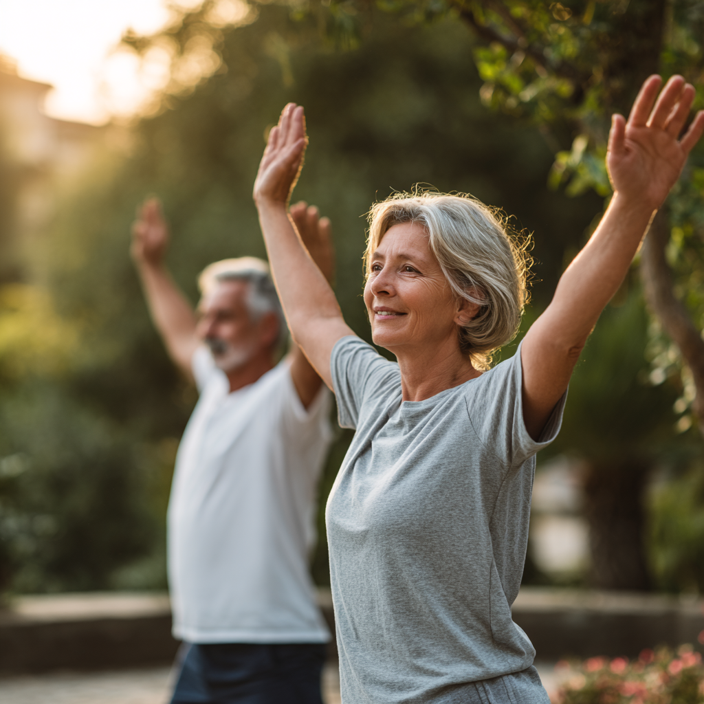 Middle-aged adults practicing gentle movement exercises in natural environment