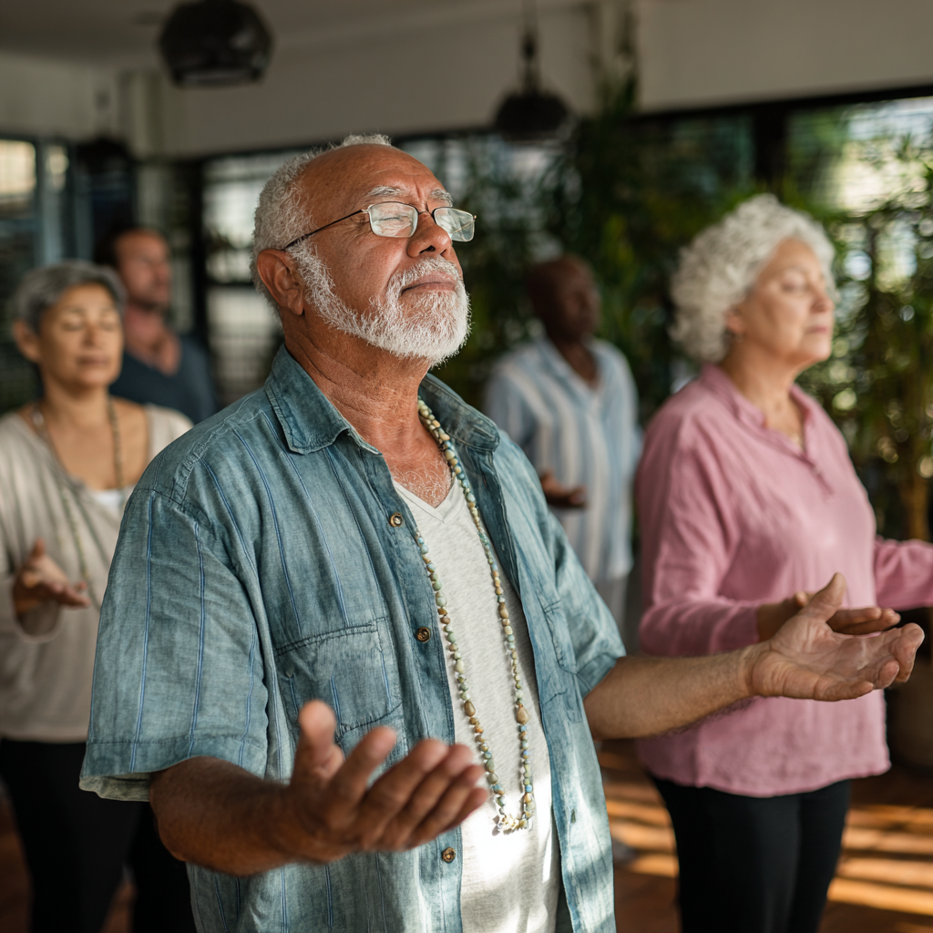 Older adults demonstrating various haskorint movement techniques in peaceful environment